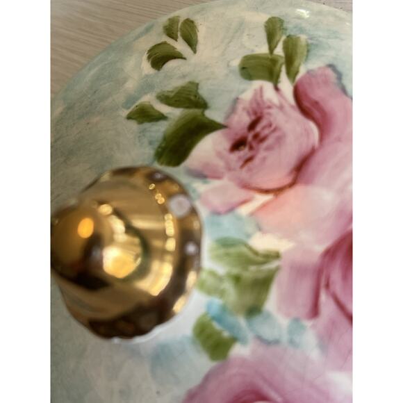 Hand Painted Porcelain Sugar Or Honey Bowl Lid Blue Pink Roses Gold Trim Signed - Picture 9 of 16